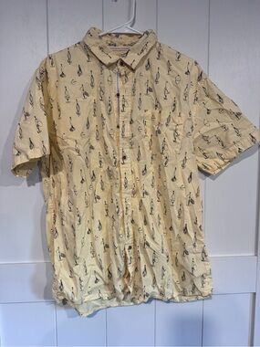 Men's Short-Sleeve Button-Up Shirt in Light Yellow with Fishing Lure Print